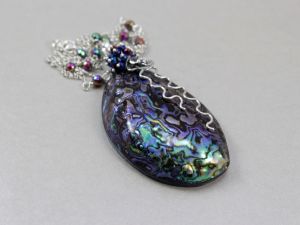chileart biżuteria autorska muszla paua hematyt srebro wisior łańcuszek naszyjnik